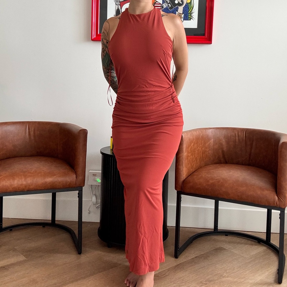 NWT Zara Halter Cross Back Sleeveless Midi Rust Dress Size Small